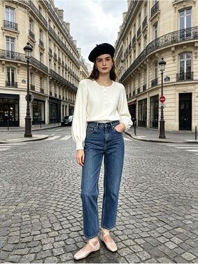 Moulinette Sœurs by Anthropologie Cream Scoop-Neck Button Pullover wool Sweater